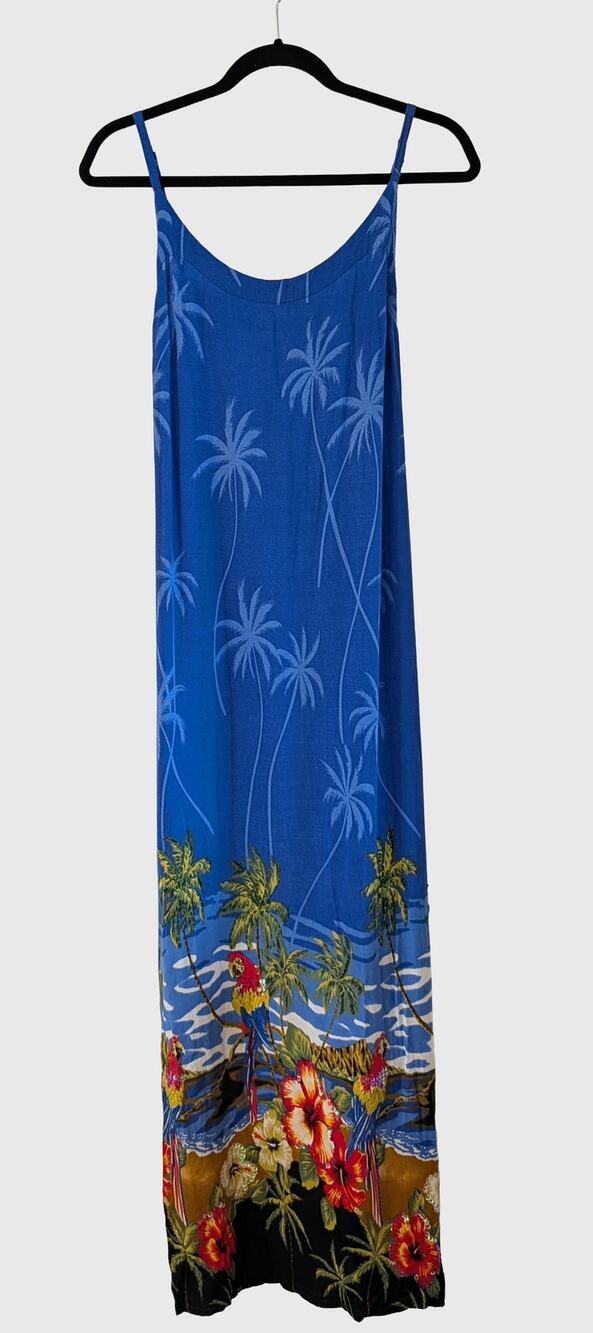 Tiki Palm Tropical Parrot Palm Tree Beaded Maxi Dress L Blue Hawaiian
